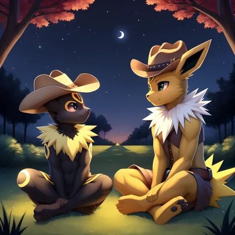 "Umbreon and Jolteon, in a stunning art style, donning stylish cowboy hats and fashionable sunglasses. They are depicted sitting...