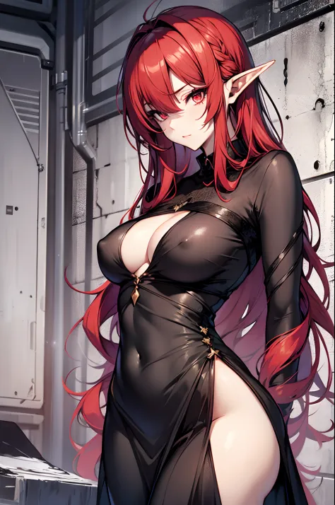pale skin elf, red hair, shirt and messy, red eyes, long black silky dress, medium boobs, boobs basically popping out of the dress