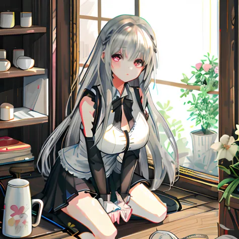 anime girl sitting on table holding a book and a cup, anime girl in a maid costume, small curvaceous loli, loli in dress, gorgeo...