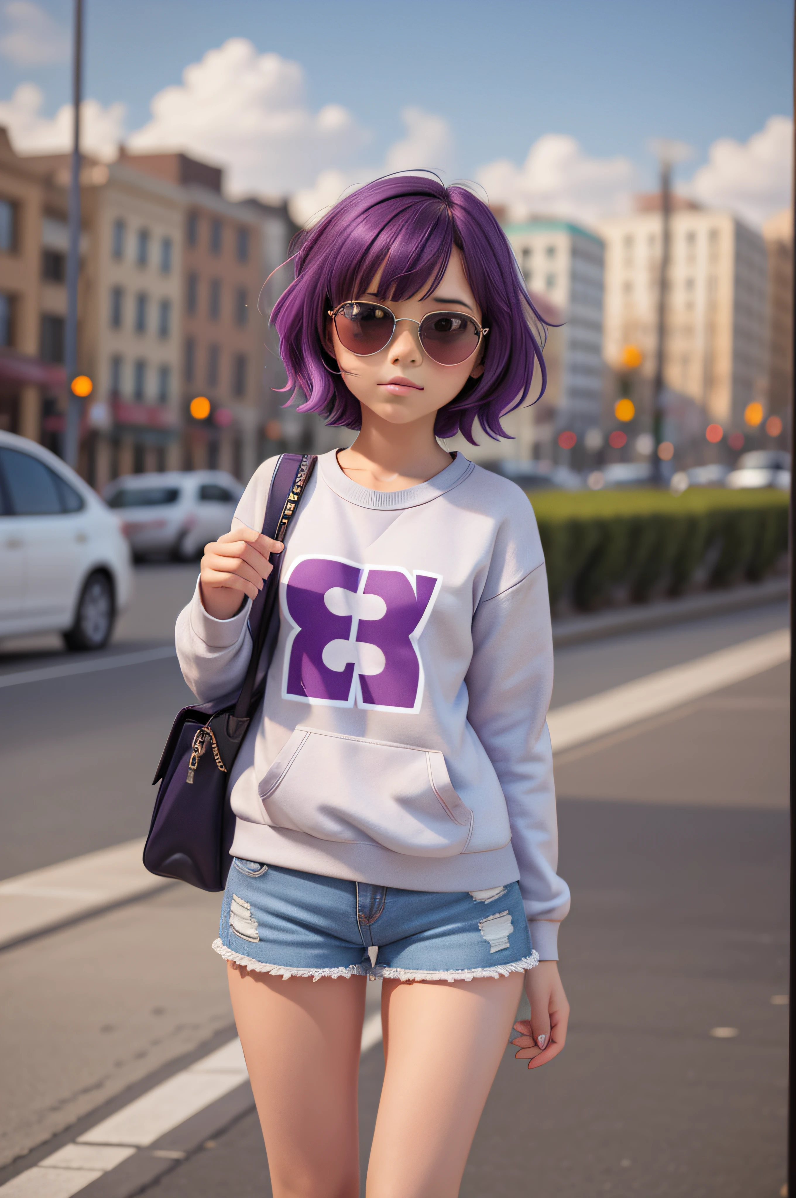 1 girl, 9 years old, short purple hair, short striped sweatshirt, short blue shorts, colored ribbon stuck in hair, sunglasses, city