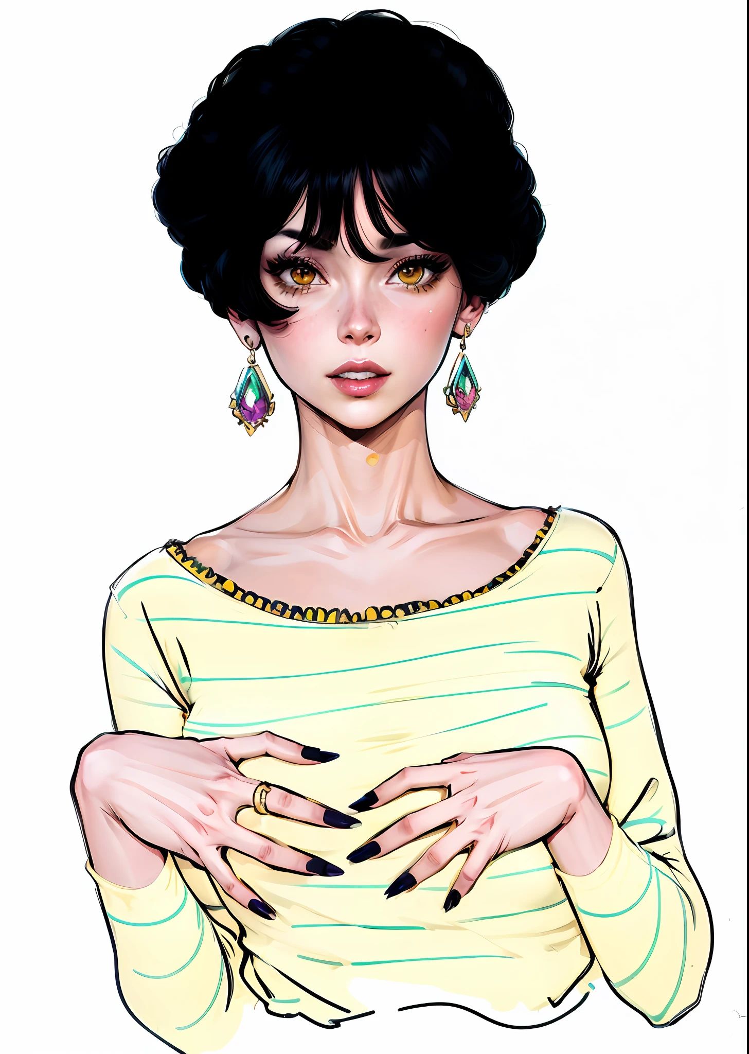 a drawing of a woman with a yellow top and earrings, full color illustration, in the art style of bowater, inspired by Harumi Hironaka, milo manara style, by Yoshihiko Wada, manara, style of charlie bowater, inspired by Asaf Hanuka, inspired by Tomer Hanuka, in style of charlie bowater, color illustration