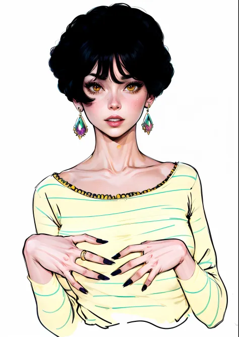 a drawing of a woman with a yellow top and earrings, full color illustration, in the art style of bowater, inspired by Harumi Hi...