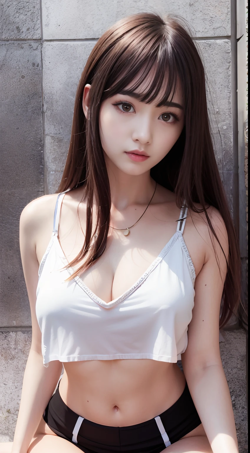 top-quality、超A high  resolution、(Photorealsitic:1.4)、(ulzzang-6500:0.4)、Beautie、Korean  Idols、18year old、length hair、Light brown hair、Hairstyle with clean  waviness、、very small breasts、Realistic eyes, Beautiful eyes、a  smile、croptop、a