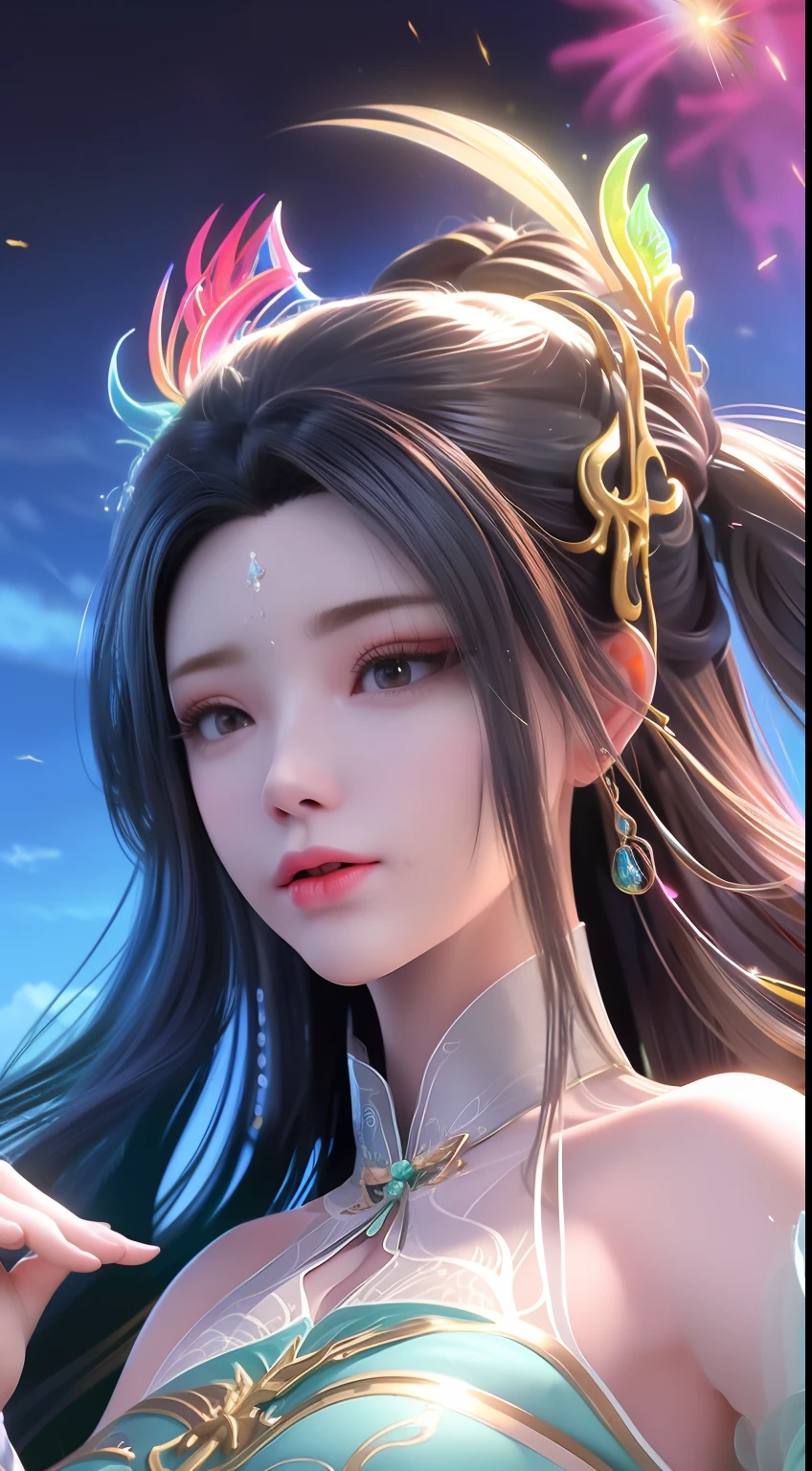 (8k, RAW photo:1.2), best quality, ultra high res,dramatic angle,(fluttered detailed color splashs), (illustration),(((1 girl))),(long hair),(rain:0.9), (head gear:1.4),There is an ancient palace beside the girl,Breast enlargement,Hanfu,(focal point),colored ink drawing,(Splash color),Splash color,(((colorful))),(sketching:0.8) , Masterpiece, best quality, beautiful painted, highly detailed,(denoising:0.6),[splash ink],((ink refraction)), (beautiful detailed sky),moon,highly,detaild,(masterpiece, best quality, extremely detailed） CG unity 8k wallpaper，tmasterpiece，Best quality at best，ultra - detailed），（Stone garlic），