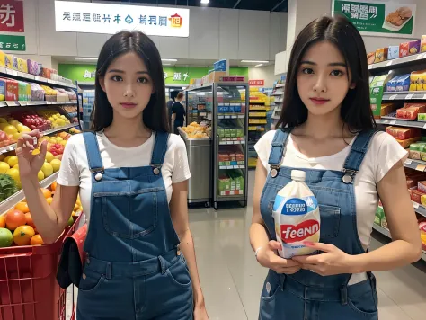 1 female supermarket saleswoman wearing overalls，Laundry detergent in hand，Introduce products to customers，Detailed facial expre...
