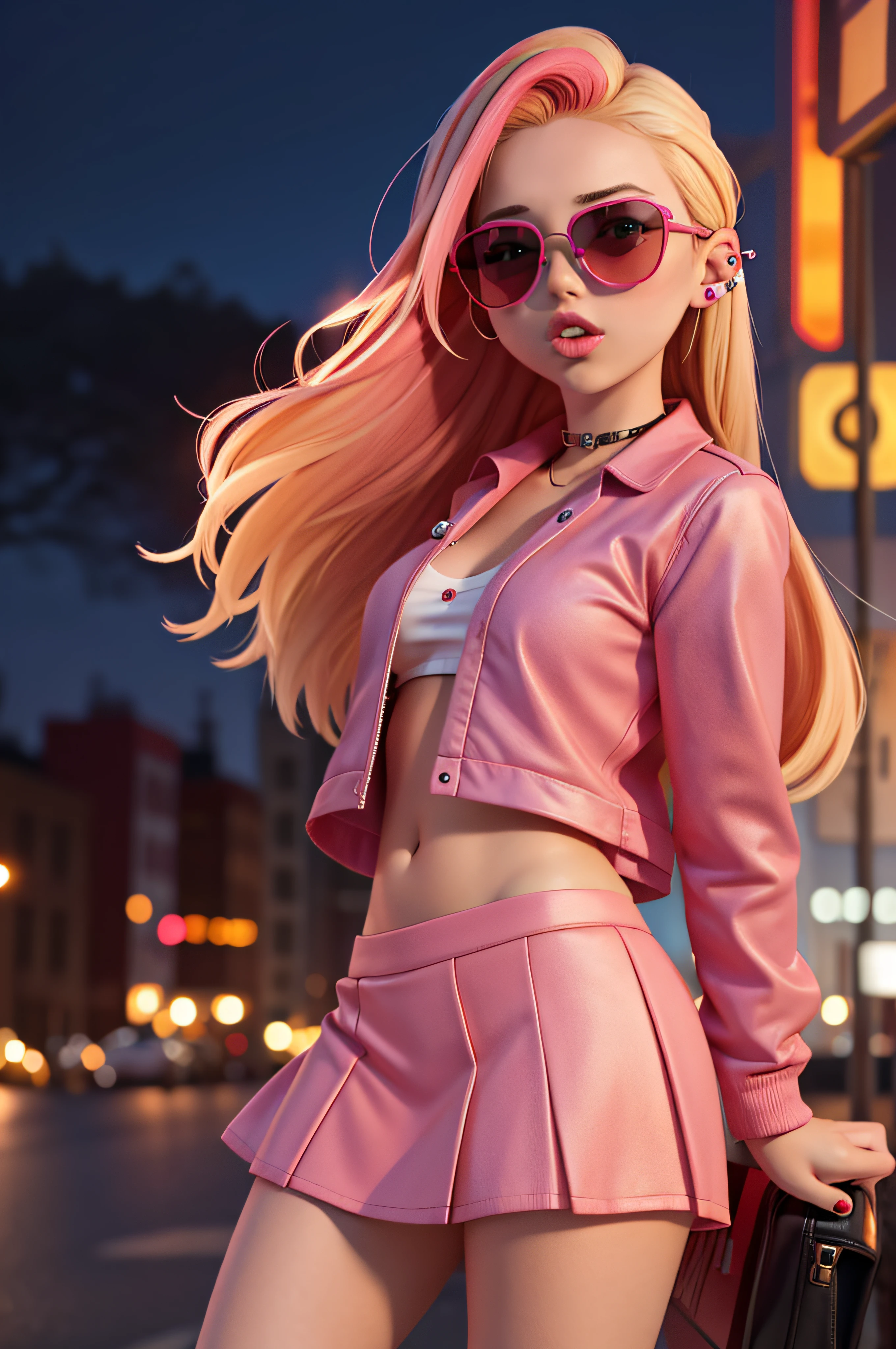 1 girl, 20 years old, blonde hair with red highlights, pink baby look, blue miniskirt, sunglasses, night city, mouth piercing