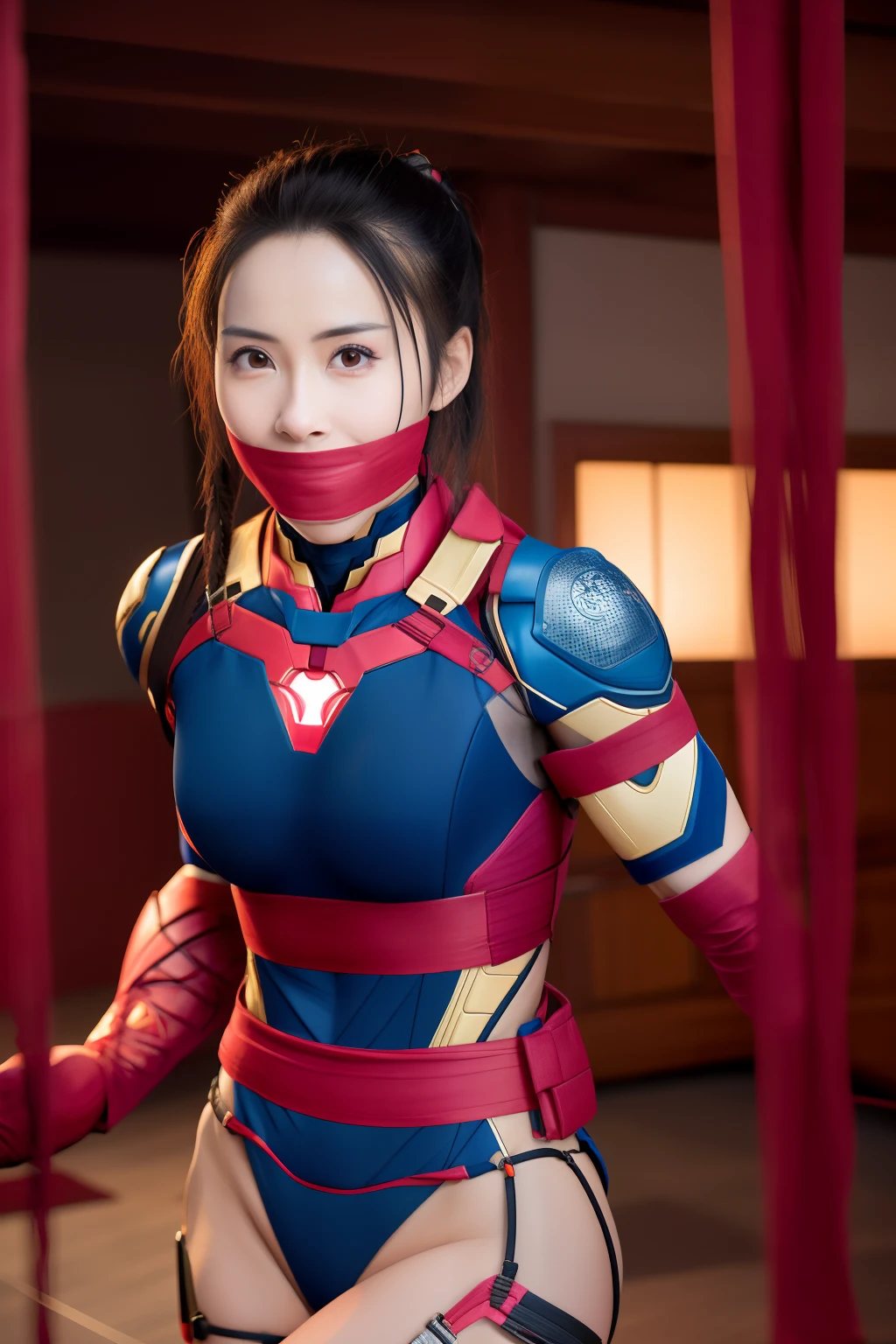 Chinese theme, raw color photo, long shot, realistic, 1girl, a 21-years-old girl, in basement, ironman suit, best quality, detailed eyes, beautiful and symmetrical face, slim body, detailed hip, small breast,  serious expression,  photorealistic, lighting, nighttime, dynamic_color_range, bondage, bdsm, tied up