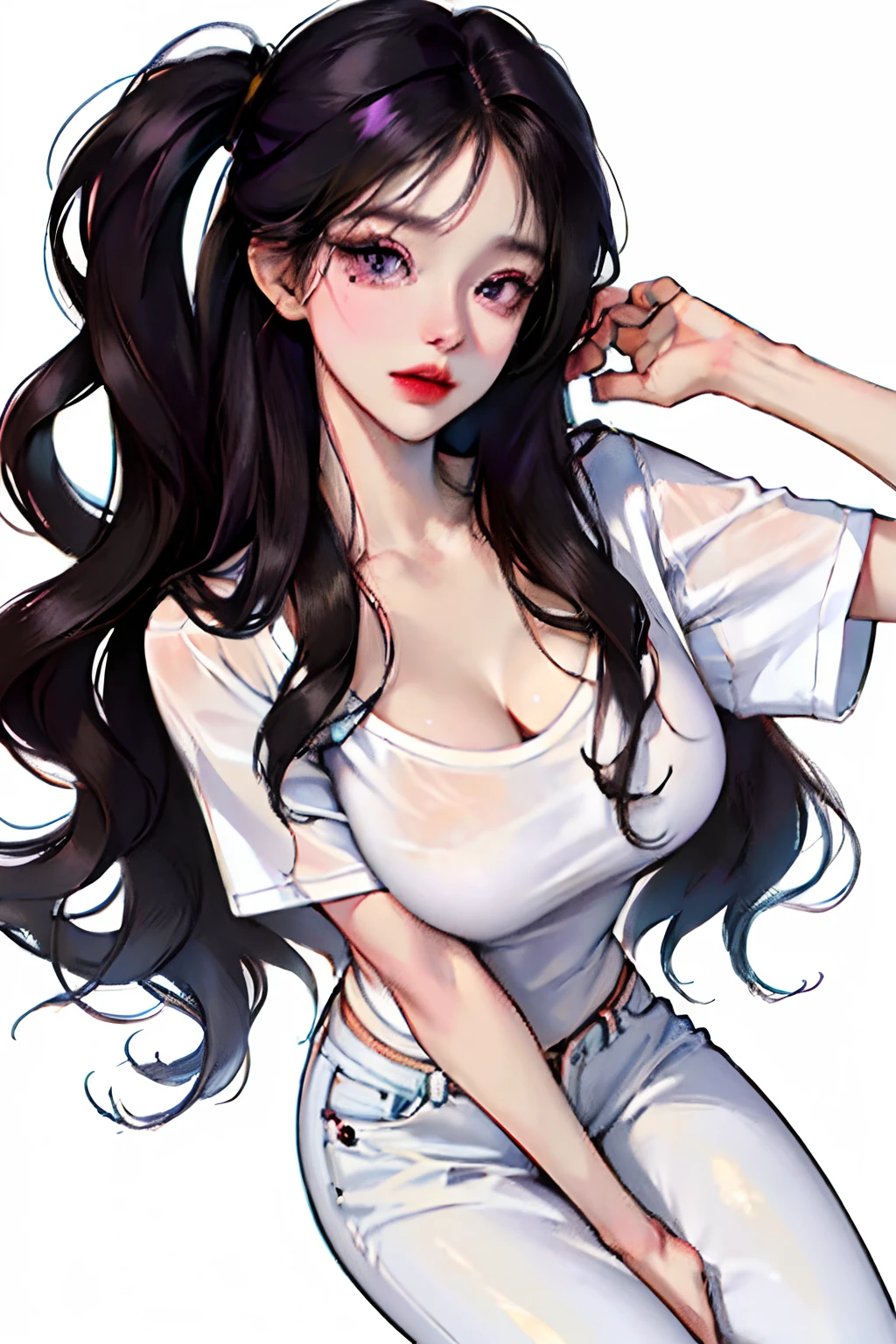 (highest resolution, differ_image) Best quality, one woman, solo, masterpiece, very detailed, (semi-realistic), long black hair, slightly curly hair , black bangs, purple eyes, mature, glossy cherry lips, gorgeous jewelry, white background, full body, firm round eyes, loose t-shirt, jeans, slim body, slim, minimalism