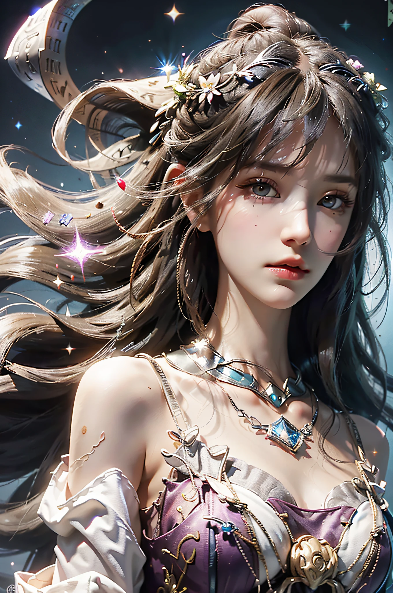 (absurdres, highres, ultra detailed), 1woman, mature female, aged up, wavy long hair, white hair, black eyes, bangs, long sleeves, finely detailed eyes and detailed face, extremely detailed CG unity 8k wallpaper, intricate details,  looking down, solo, half shot, detailed face, stoic expression, dynamic pose, flowing hair, classical era, (ancient roman theme:1.1), roman mythology,  Roman empire,  Capua, ancient vineyard, oracle,  cape,  iron accessories, ancient theme, (flourishing civilization:1.1), pristine white marble, (intact:1.1) marble buildings,  hills in background, brazier, burning embers, night, darkness, stars, aura of light, majestic atmosphere, floating stone particles,, portrait, wind swirling