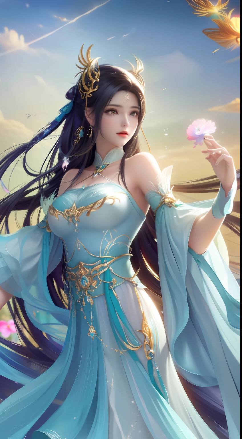 (8K, RAW photo:1.2), Best quality, Ultra-high resolution,Dramatic angle,(fluttering detail color splash), (illustration),(((1 girl))),(Long hair),(rain:0.9), (head gear:1.4),There is an ancient palace beside the girl,Breast enlargement,Hanfu,(focal point),colored ink drawing,(Splash color),Splash color,(((Colorful))),(sketching:0.8) , Masterpiece, Best quality, beautiful painted, High level of detail,(Denoising:0.6),[Splash ink],((ink refraction)), (Beautiful detailed sky),Moon,highly,A detailed,(Masterpiece, Best quality, Extremely detailed） CG unity 8K wallpaper，tmasterpiece，Best quality at best，ultra - detailed），（Stone garlic），