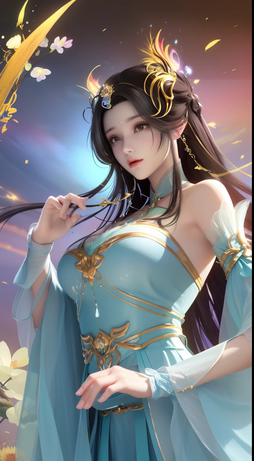 (8K, RAW photo:1.2), Best quality, Ultra-high resolution,Dramatic angle,(fluttering detail color splash), (illustration),(((1 girl))),(Long hair),(rain:0.9), (head gear:1.4),There is an ancient palace beside the girl,Breast enlargement,Hanfu,(focal point),colored ink drawing,(Splash color),Splash color,(((Colorful))),(sketching:0.8) , Masterpiece, Best quality, beautiful painted, High level of detail,(Denoising:0.6),[Splash ink],((ink refraction)), (Beautiful detailed sky),Moon,highly,A detailed,(Masterpiece, Best quality, Extremely detailed） CG unity 8K wallpaper，tmasterpiece，Best quality at best，ultra - detailed），（Stone garlic），