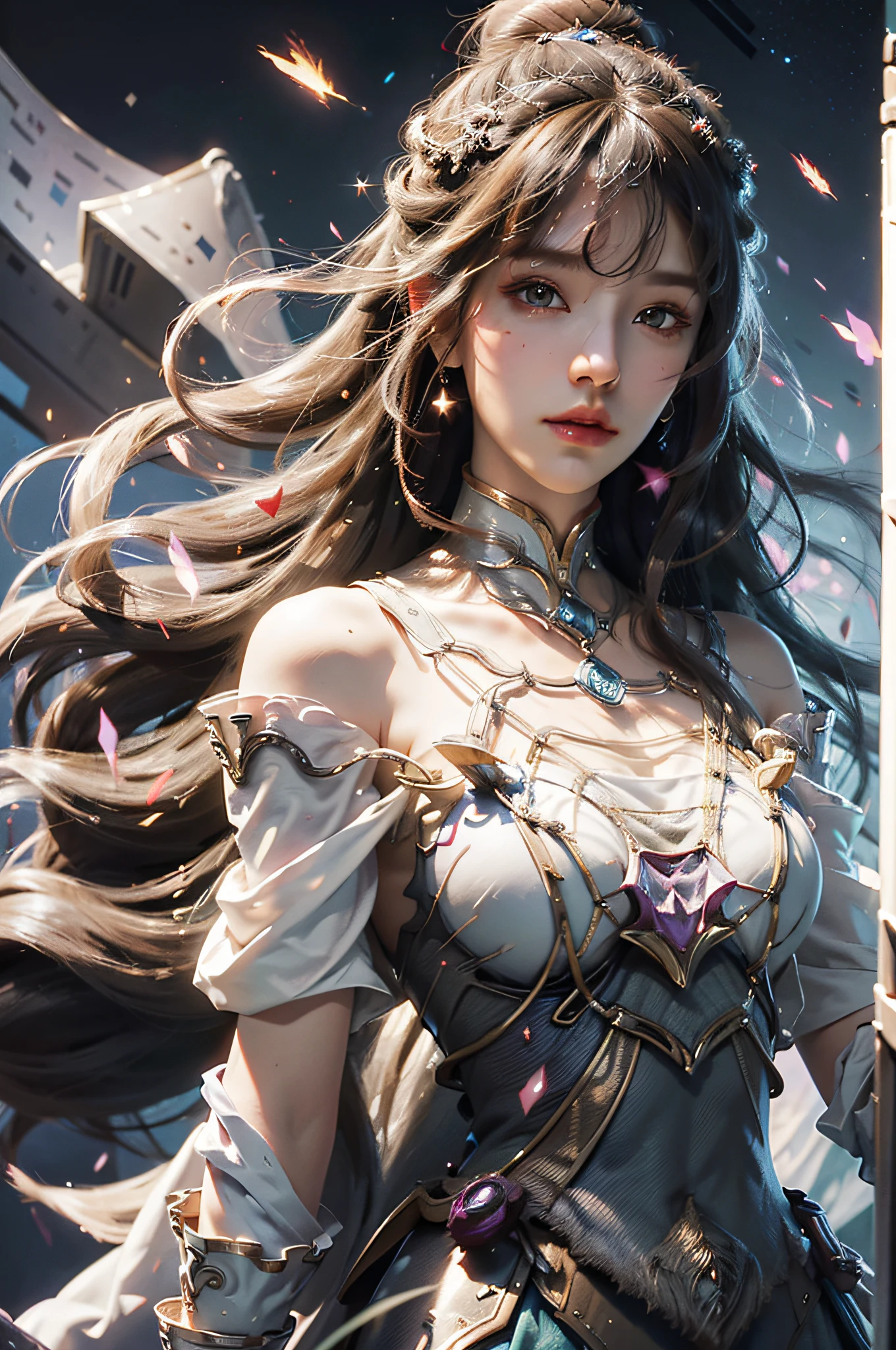 (absurdres, highres, ultra detailed), 1woman, mature female, aged up, wavy long hair, white hair, black eyes, bangs, long sleeves, finely detailed eyes and detailed face, extremely detailed CG unity 8k wallpaper, intricate details,  looking down, solo, half shot, detailed face, stoic expression, dynamic pose, flowing hair, classical era, (ancient roman theme:1.1), roman mythology,  Roman empire,  Capua, ancient vineyard, oracle,  cape,  iron accessories, ancient theme, (flourishing civilization:1.1), pristine white marble, (intact:1.1) marble buildings,  hills in background, brazier, burning embers, night, darkness, stars, aura of light, majestic atmosphere, floating stone particles,, portrait, wind swirling