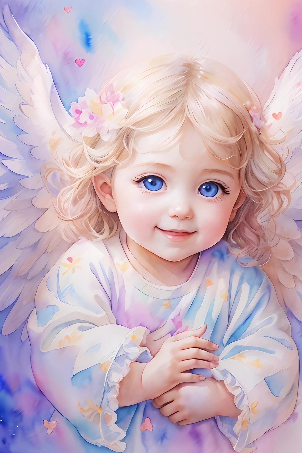 Blessings of Angels､Bright background、heart mark、tenderness､A smile、Gentle､Baby Angel、watercolor paiting、blue eyess