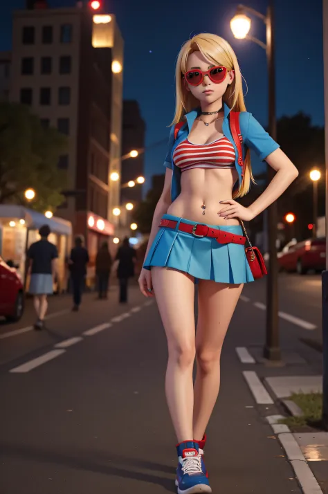 1 girl, 20 years old, blonde hair with red streaks, blue baby look, blue miniskirt, sunglasses, night city, navel piercing