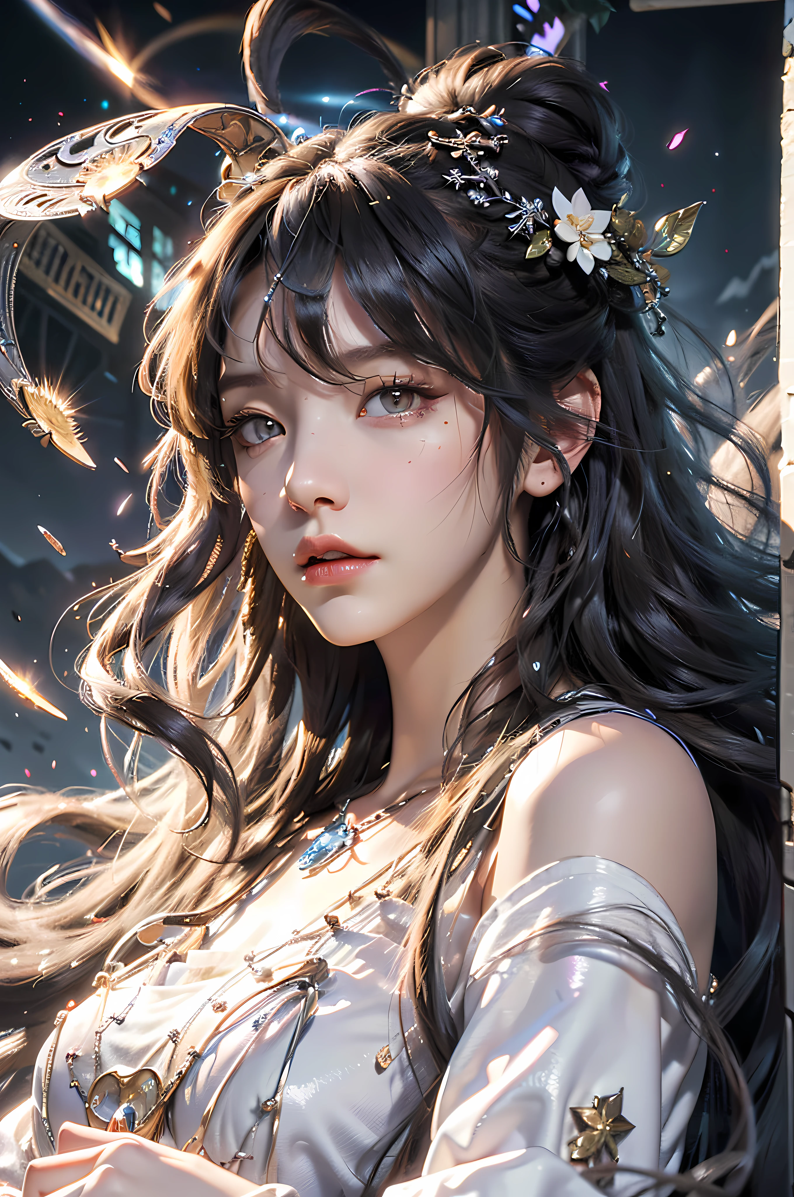 (absurdres, highres, ultra detailed), 1woman, mature female, aged up, wavy long hair, white hair, black eyes, bangs, long sleeves, finely detailed eyes and detailed face, extremely detailed CG unity 8k wallpaper, intricate details,  looking down, solo, half shot, detailed face, stoic expression, dynamic pose, flowing hair, classical era, (ancient roman theme:1.1), roman mythology,  Roman empire,  Capua, ancient vineyard, oracle,  cape,  iron accessories, ancient theme, (flourishing civilization:1.1), pristine white marble, (intact:1.1) marble buildings,  hills in background, brazier, burning embers, night, darkness, stars, aura of light, majestic atmosphere, floating stone particles,, portrait, wind swirling