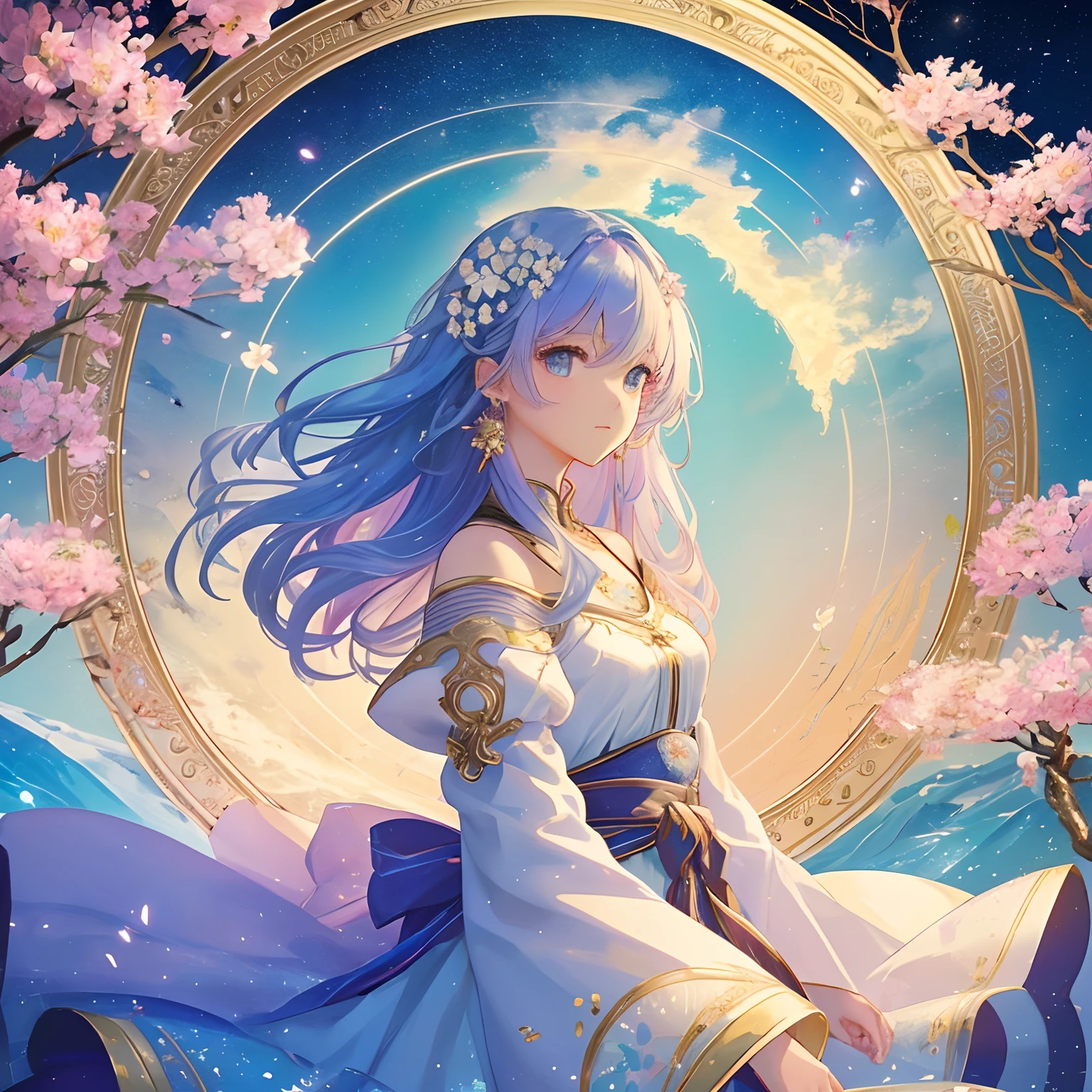 Beauty 1 person、(​masterpiece、top-quality、top-quality、Beautifully Aesthetic:1.2)、(1girl in:1.3)、(Fractal Art:1.3)、Round picture frame、Rainbow hair flutters、Shining jewelry hair ornament、grassy、white blossoms、Detail Frame、Dynamic、from waist up、Starry sky shining in the background、Shining eyes