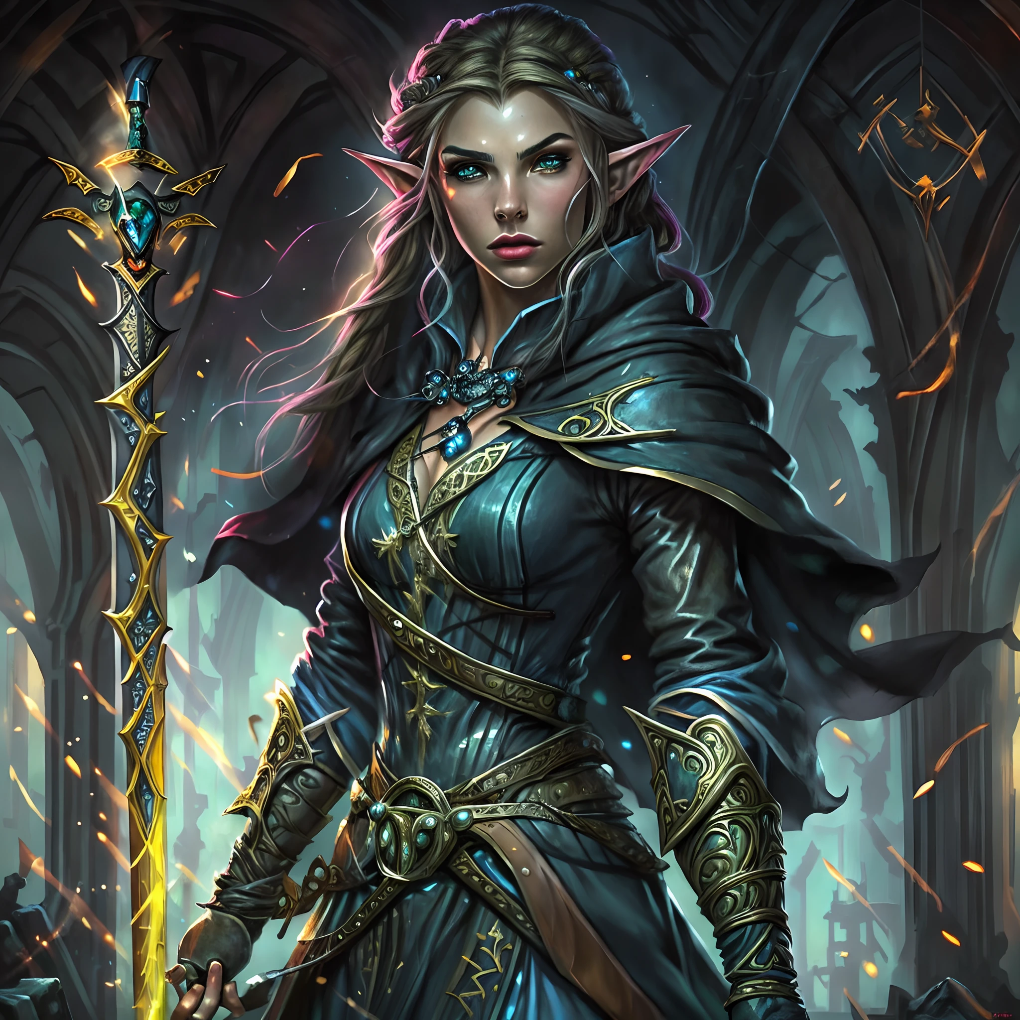 a picture of a female elf (intense details, Masterpiece, best quality: 1.5) fantasy swashbuckler, fantasy fencer, armed with a slim sword, fantasysword sword, metallic shine, colorful clothes, an ultra wide shot, full body (intense details, Masterpiece, best quality: 1.5)epic beautiful female elf (intense details, Masterpiece, best quality: 1.5), [[anatomically correct]],  rich hair, braided hair, long hair, small pointed ears, fantasy urban street (intense details, Masterpiece, best quality: 1.5),  purple cloak  (intense details, Masterpiece, best quality: 1.5), long cloak (intense details, Masterpiece, best quality: 1.5), elven leather armor (intense details, Masterpiece, best quality: 1.5) sense of daring, sense of adventure, controlling a swirling colorful magic runes (1.5 intricate details, Masterpiece, best quality), manipulating colorful magical runes (intense details, Masterpiece, best quality: 1.5) high details, best quality, 8k, [ultra detailed], masterpiece, best quality, (extremely detailed), dynamic angle, ultra wide shot, photorealistic, RAW, fantasy art, dnd art, fantasy art, realistic art,