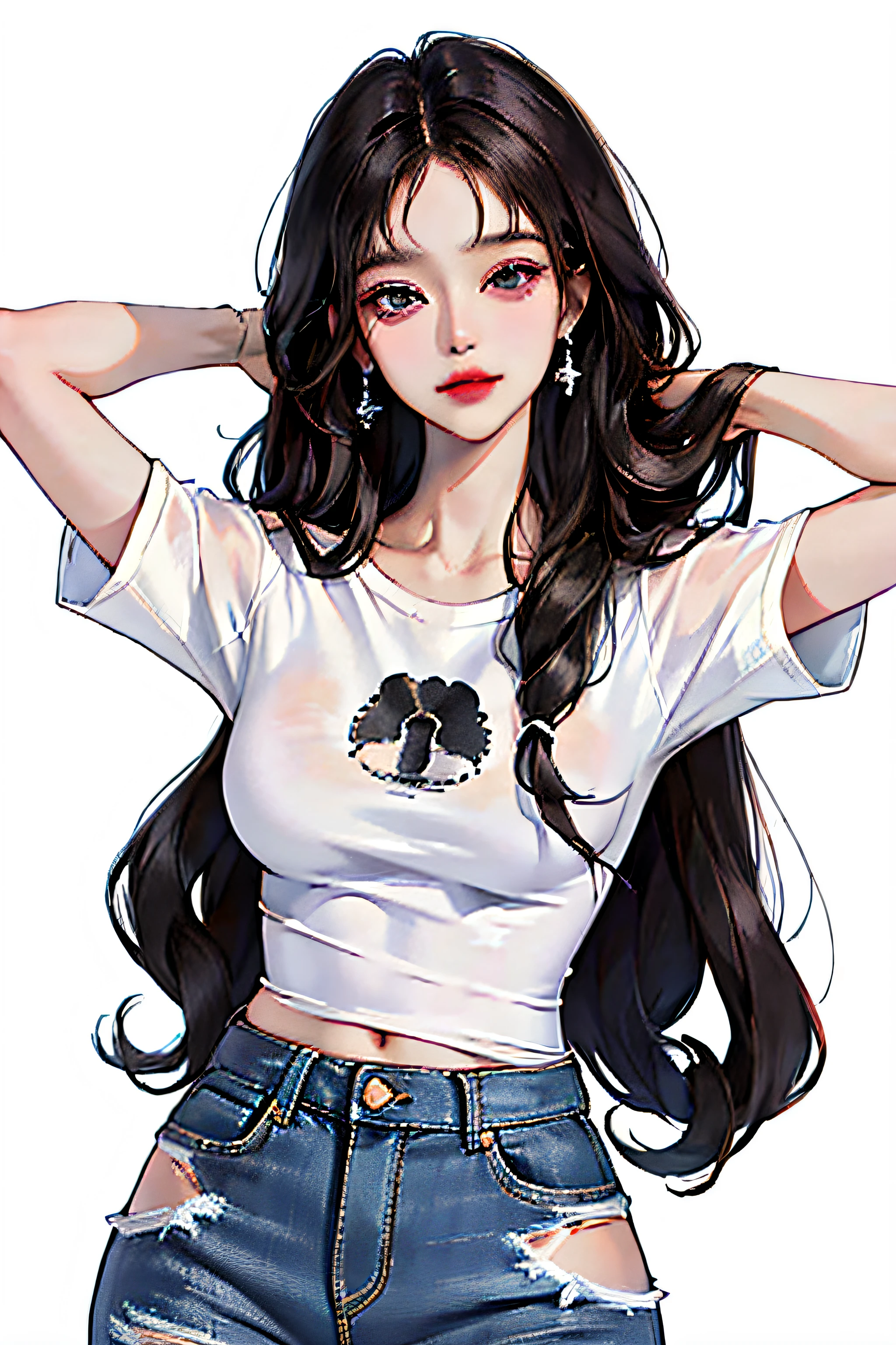 (highest resolution, differ_image) Best quality, one woman, solo, masterpiece, very detailed, (semi-realistic), long black hair, slightly curly hair , black bangs, purple eyes, mature, glossy cherry lips, gorgeous jewelry, white background, full body, firm round eyes, loose t-shirt, jeans, slim body, slim, minimalism