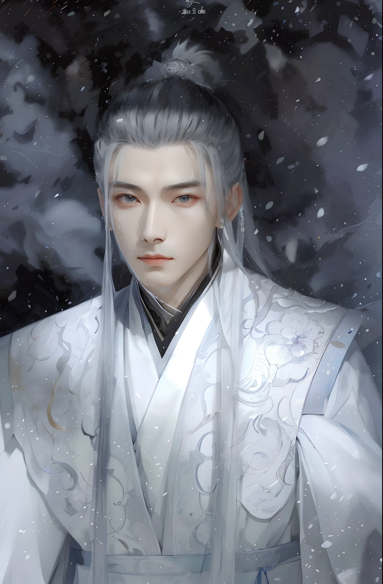 Close-up of a man in a white robe holding a sword, Cai Xukun, Inspired by Zhang Han, Inspired by Seki Dosheng, heise jinyao, xianxia fantasy, Beautiful androgynous prince, Yan, zhao yun, inspired by Wu Daozi, Inspired by Bian Shoumin, White Hanfu, drak，red fox