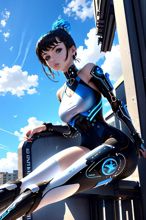 tmasterpiece，best qualtiy，1girll，Upper body cyberpunk，3D，sci-fy，Realisticstyle，with blue sky and white clouds，Sit with your legs...