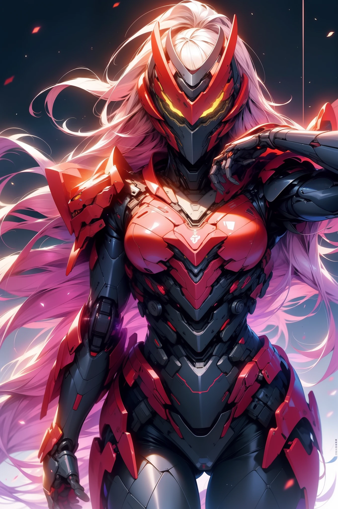 (Masterpiece,Best quality: 1.2),(Ultra-detailed face),(no head gear),Her armor glows red，Neon city lights dance on mechanical surfaces. Complex cybernetics gives her motor power with inhuman speed and force. She silently strode through the lower level, The alleys are bathed in the crimson glow of her futuristic suit. She holds a vibrant longsword in her hand, Its edges are buzzing，plasma, Be prepared to do justice. She is the guardian of the city, Although few people know her name. The criminal whispered rumors of the Crimson Knight, A cybernetically enhanced warrior who swears to protect the innocent. They spoke of her inhumane reaction and her fiery sword that pierced any defenses. How she emerged from the shadows, The blurry red color brings quick judgment. Tonight，Her sensors found that injustice was once again brewing on these lawless streets。. When the city sleeps, Only she is vigilant, Silent sentinels watch. Her cybernetic system began to target the threat，Because she is ready to fight for those who cannot defend themselves. The Crimson Knight is ready, Justice will be dealt with quickly tonight.Oversized breasts（1.9）