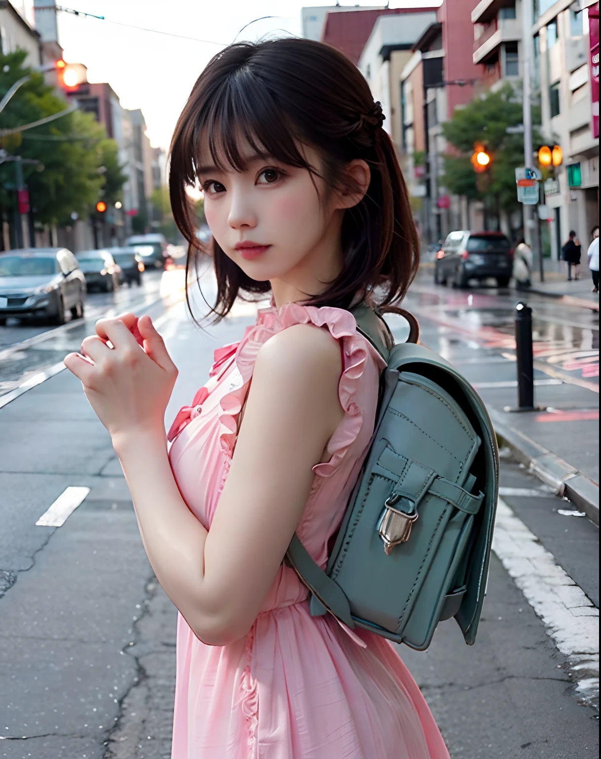 a woman posing on the Straße corner with Pinkes Kleid on, beste Qualität, hochauflösend, 8k, 1 Mädchen, (riesige Brüste), Tag, Hell, draussen, (Straße:0.8), (Menschen, Menschenmassen:1), (Kleid mit Spitzenbesatz:1.5, rosa Kleidung:1.5, rosa Kleid mit hohem Kragen:1.5, ärmelloses Kleid, Pinkes Kleid: 1.5), wunderschön, (Mittellanges Haar), wunderschöner detaillierter Himmel, (dynamische pose:0.8), (Oberkörper:1.2), sanfte Beleuchtung, wind, Glänzende Haut, Betrachter betrachten, wearing pink Randoseru-Rucksack, Seitenansicht, (Randoseru-Rucksack:1.0)