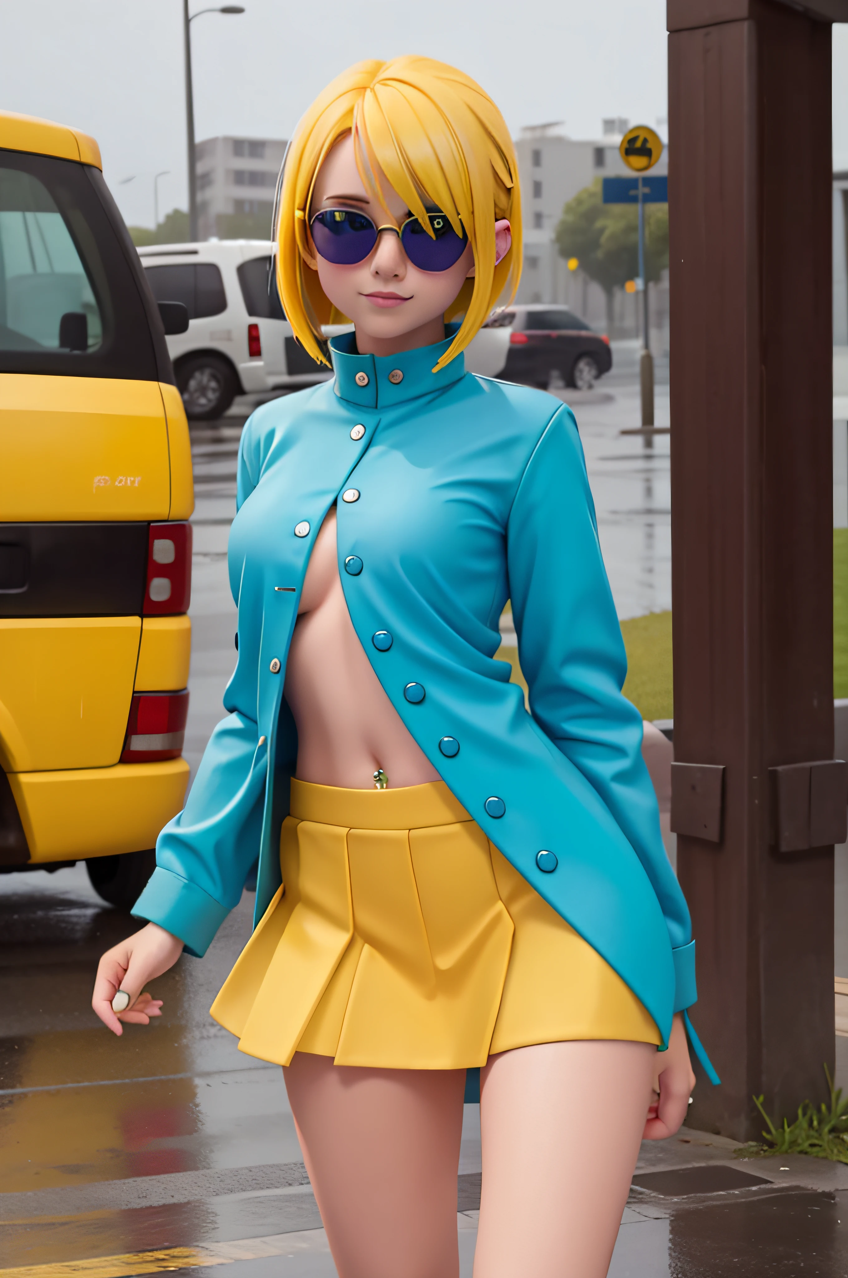 1 girl, 20 years old, yellow hair with blue highlights, green baby look, blue miniskirt, navel piercing, sunglasses, in the rain