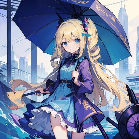 Drawing of a girl in a blue dress, 1girl in, Solo, Blonde hair, umbrellas, Closed umbrella, Dress, Drill Twin Hair