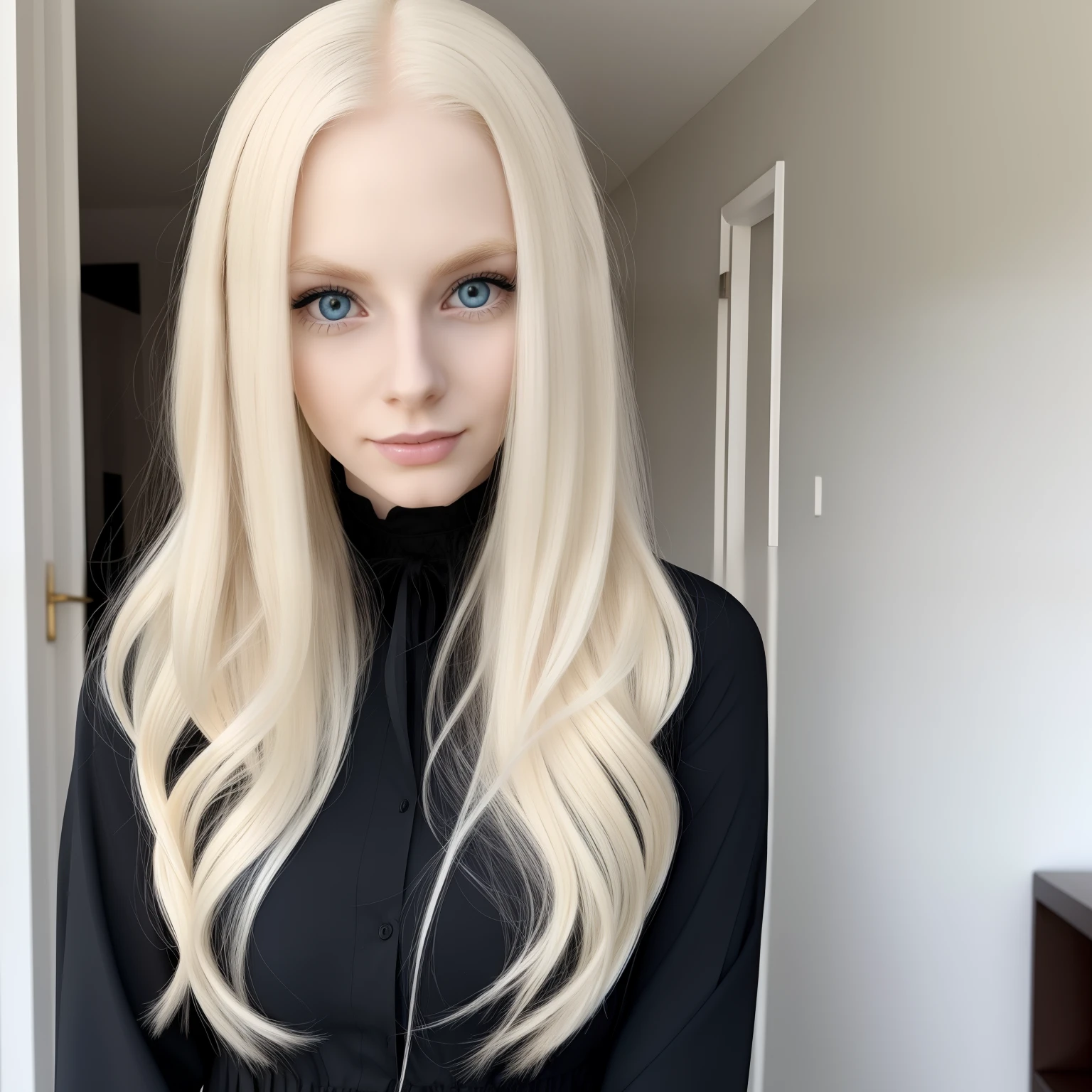 a close up of a person with long blonde hair and blue eyes, standing in Black dress, full body, with white long hair, with long white hair, perfect white haired girl, long blonde hair and large eyes, long blonde hair and blue eyes, long blonde hair and big eyes, amouranth, extremely pale blond hair, albino white pale skin, very very pale blond hair, her hair is white