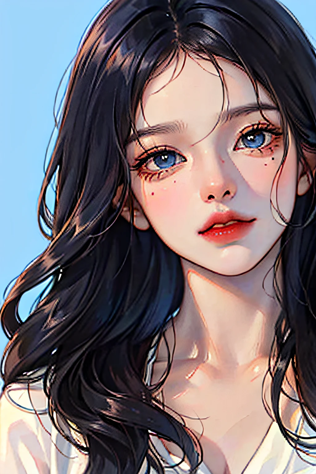 (highest resolution, differ_image) Best quality, one woman, masterpiece, very detailed, (semi-real), dark blue hair, layered hair, slightly curly hair, long hair, black bangs , blue eyes, mature, glossy cherry lips, stubborn face, beach background, close-up portrait, round eyes firmly, minimalism