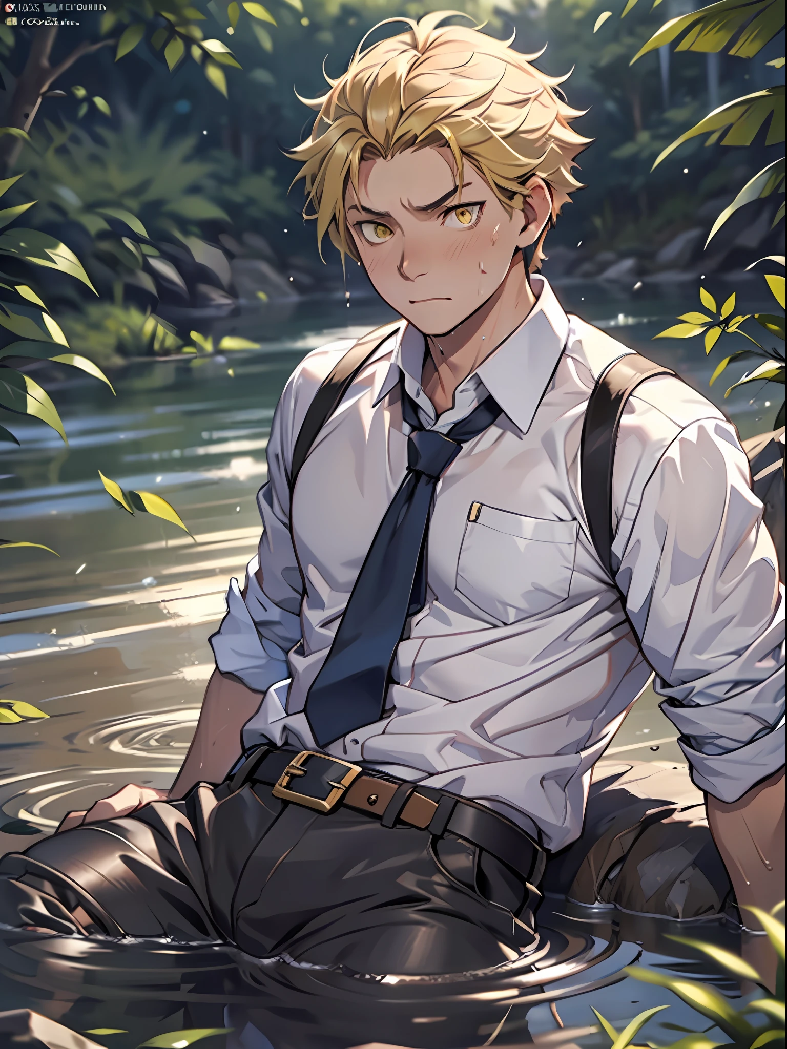 （1 Adult male），A high resolution， Sharp focus， Pixiv masterpiece， （（Complicated details））， highly  detailed， natsuki_subaru， 1 man， Lazy，full bodyesbian，Lying in the mud，Tired，decadent， Yellow eyes（eyes glowing）， Short yellow hair，white  shirt，Wear a tie，Wear a belt，perspire，Drenched，Get wet，look from down