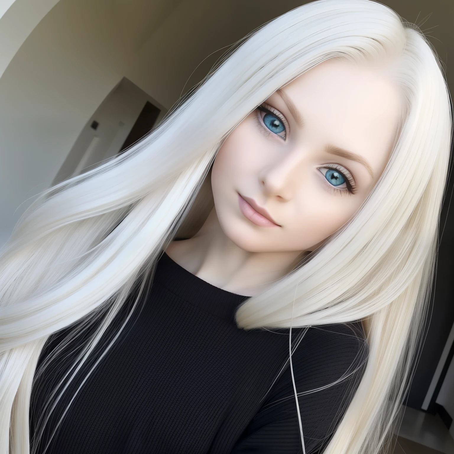 a close up of a person with long blonde hair and blue eyes, standing in black sweater, full body, with white long hair, with long white hair, perfect white haired girl, full body, long blonde hair and large eyes, long blonde hair and blue eyes, long blonde hair and big eyes, amouranth, extremely pale blond hair, albino white pale skin, very very pale blond hair, her hair is white, realistic