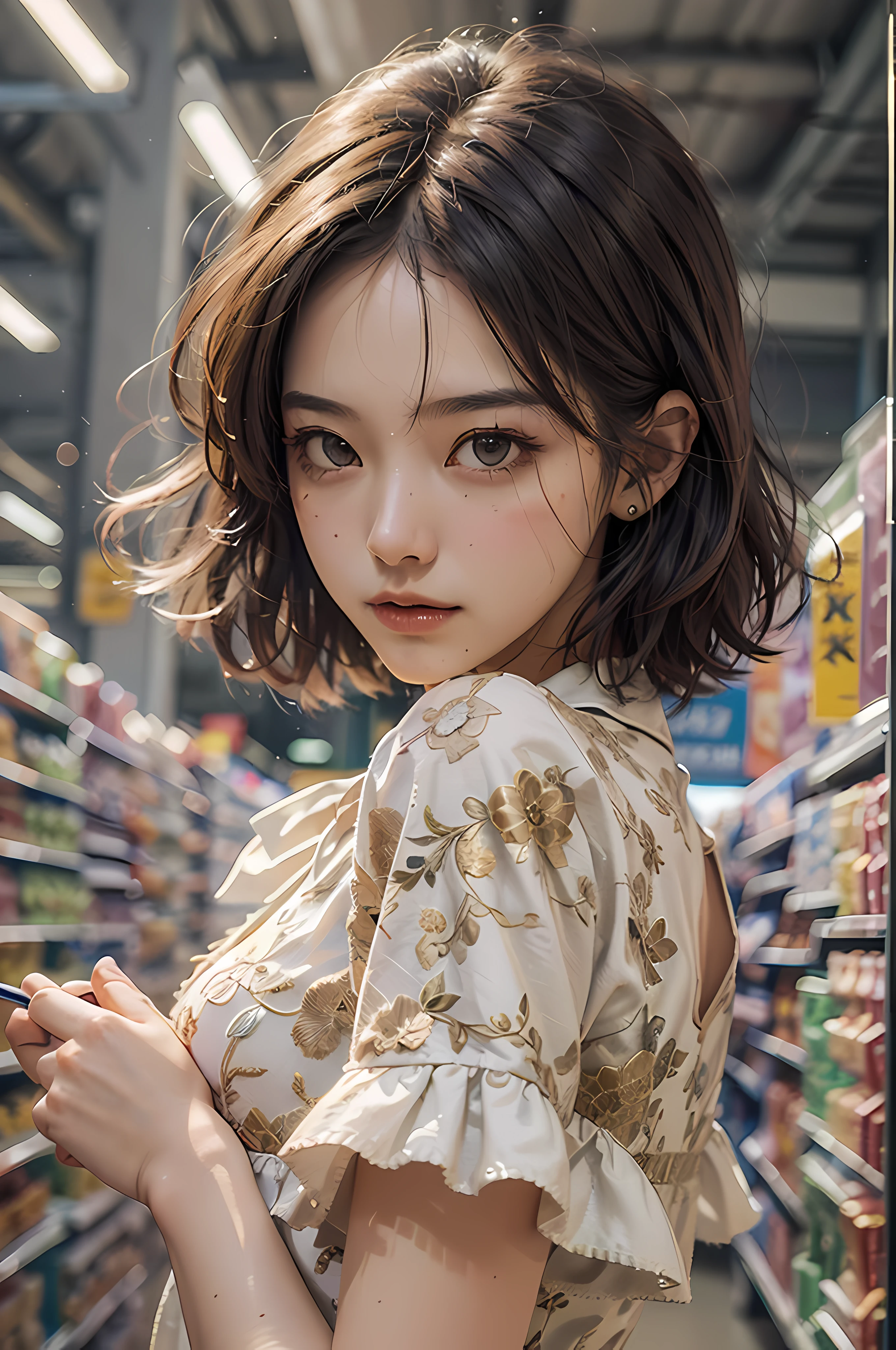 (Supermarket:1), mid afternoon, Doctor dressings, Short hair with light brown fringes, Light brown eyes, 1girll, Innocent, (Photorealistic), (Intricate details:1.2),(Masterpiece, :1.3),(Best quality:1.4), (超高分辨率:1.2), 超高分辨率, (Detailed eyes), (Detailed facial features), hdr, 8K resolution, (Lens flare:0.7), Turn around, Busy with inspection reports, face viwer