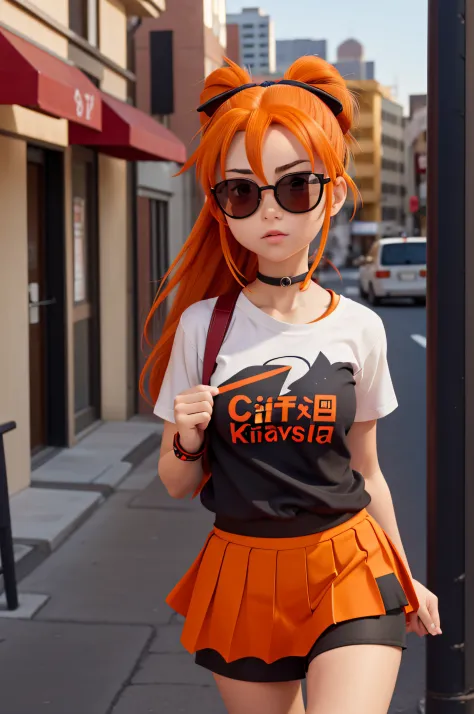 1 girl, 20 years old, orange hair tied back, akatsuki shirt, black miniskirt, colored ribbon in her hair, sunglasses, city