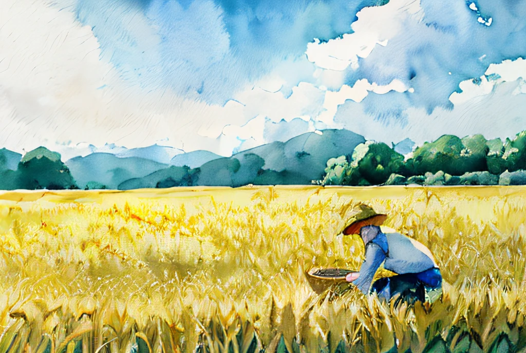 Painting a man kneeling in a campo de trigo, on the vast campo de trigos, Acuarela de Rhads, Cosecha, agricultor, campo de trigo, inspirado en Yasushi Sugiyama, una pintura de acuarela, in a campo de trigo, acuarela detallada, Autor：El Borun, Autor：Kim Du Liang, Autor：Shin Yoon-bok, Pintura de acuarela, Campo de verano, Verano