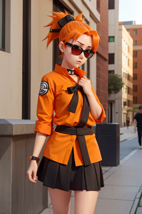 1 girl, 20 years old, orange hair tied up, naruto shirt, black miniskirt, colored ribbon in her hair, sunglasses, city