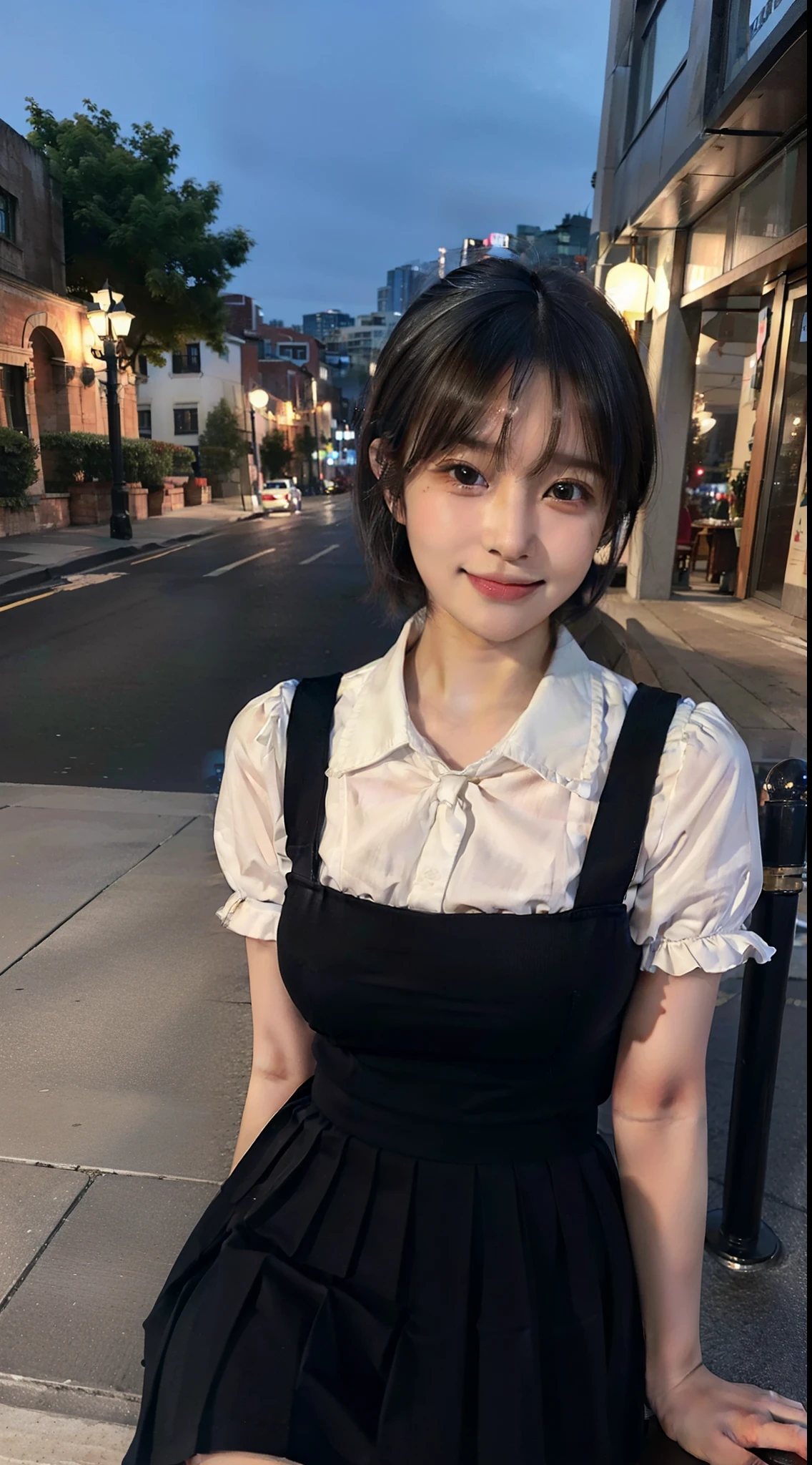 (8K, Best quality, Masterpiece:1.2), (Realistic, photo-realistic:1.37), Ultra-detailed, 1 girl,Cute, Solo,Beautiful detailed sky,Detailed Cafe,Night,Sitting,dated,(nose blush),(Smile:1.1),(Closed mouth) Medium breasts,Beautiful detailed eyes,(Collared shirt:1.1), neck bowtie,Pleated skirt,(Short hair:1.2),Floating hair