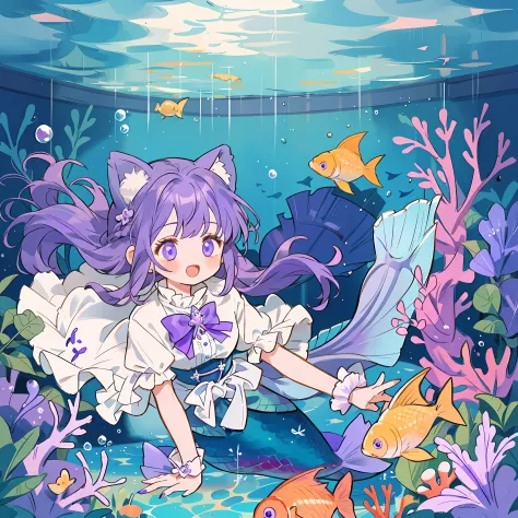 cute, 1girl, purple mermaid, underwater, blue ocean, beautiful detailed eyes, floating in water, bubbles, fishies , (purple hair...