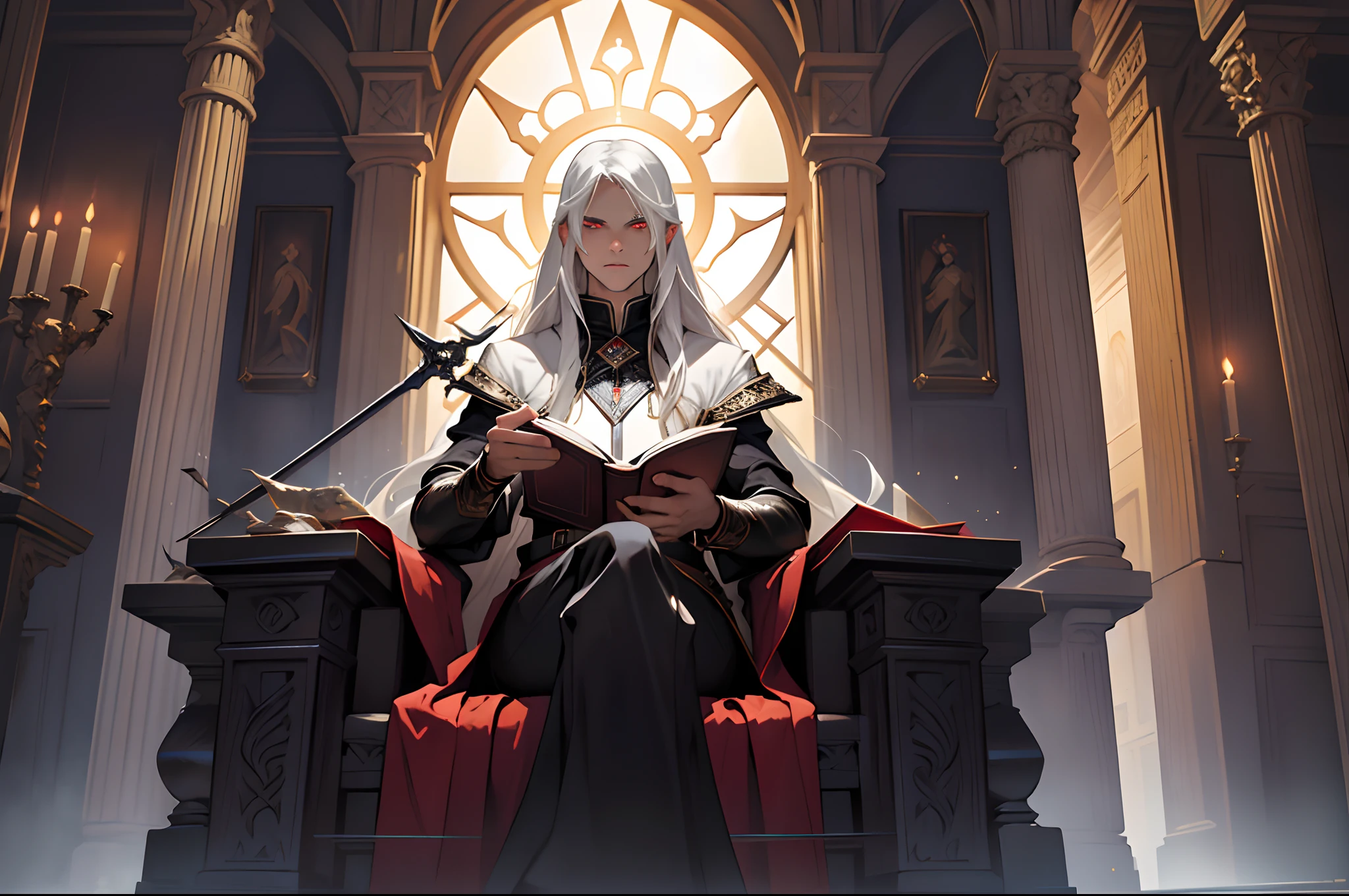 masterpiece, best quality, ultra-detailed, highres, world masterpiece theater, 1man, silhouette with a spear in his hand, black spear, dynamic, ultra quality, dark surroundings, dungeon, giant throne hall, magic, void, dark, floating spears, white hair, long hair, red eyes, close up, adventurers clothes, floating book, magic