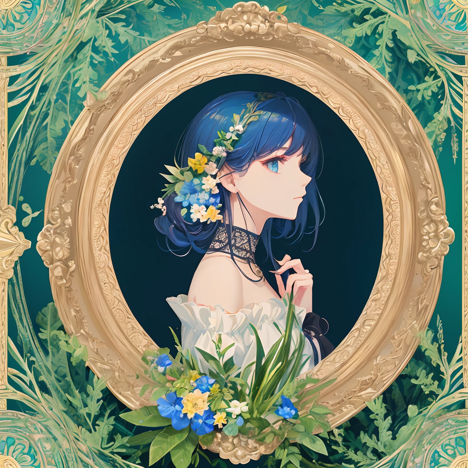 Beauty 1 person、(​masterpiece、top-quality、top-quality、Beautifully Aesthetic:1.2)、(1girl in:1.3)、(Fractal Art:1.3)、Round picture frame、rainbow-colored hair、Detail Frame、Dynamic、flowers in background、Grassy、Small Frame、Geometric pattern、Milestone Profiles、Sit on the frame、from waist up