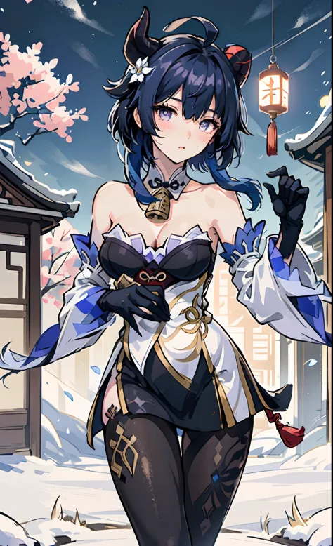 ganyu \(genshin impact\), 1girl, ahoge, architecture, bangs, bare shoulders, bell, black gloves, black pantyhose, ((blue hair)), blush, breasts, chinese knot, detached sleeves, east asian architecture, flower knot, gloves, horns, long hair, looking at view...