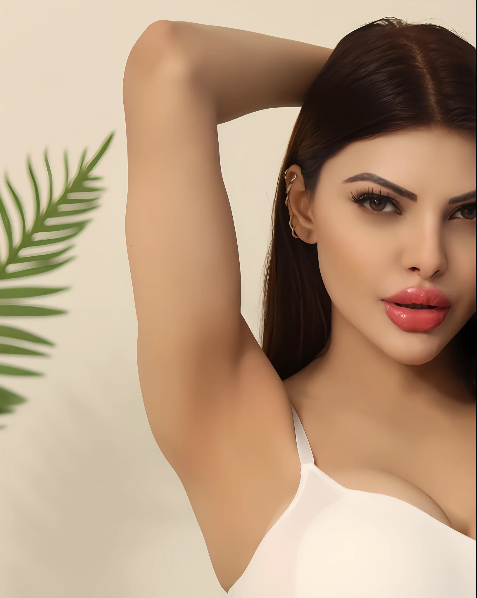 Araffes woman in white bra top posing with palm leaf - SeaArt AI