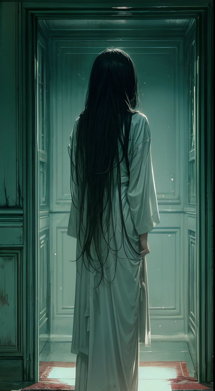 horror film shot of a creepy girl with long straight black hair, no face, wearing a dirty hospital gown,standing alone inside a haunted mansion at night, rule of the thirds, tonal color scheme, pale green, pensive stillness, bokeh, mystery, horror, unholy, eerie, creepy, moody lighting, in the style of denis villeneuve, film still, cinestill 800