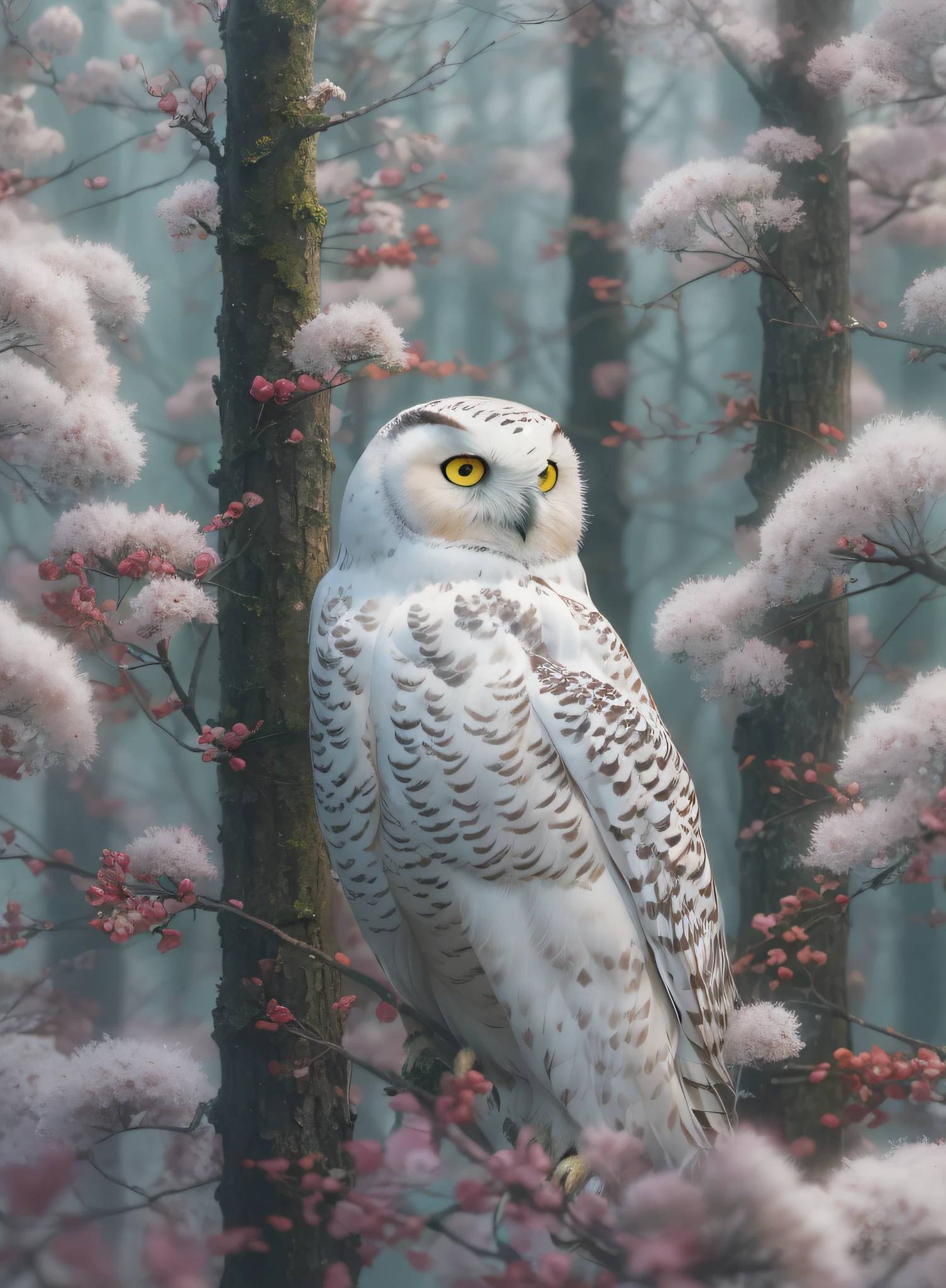 Snowy owl、the woods、Haze、Halation、florals、Dramatic atmosphere、central、thirds rule、200mm 1.4F Macro Shot、(Natural hair texture、Hyper-Realism、Soft light、sharp:1.2)、(intricate-detail:1.12)、nffsw、(intricate-detail、ultra-detailliert:1.15)、Art by Greg Rutkowski and ArtGerm、Soft Cinematic Lights、adobe lightroom、Photolab、nffsw、Convoluted、ighly detailed、(depth of fields:1.4)