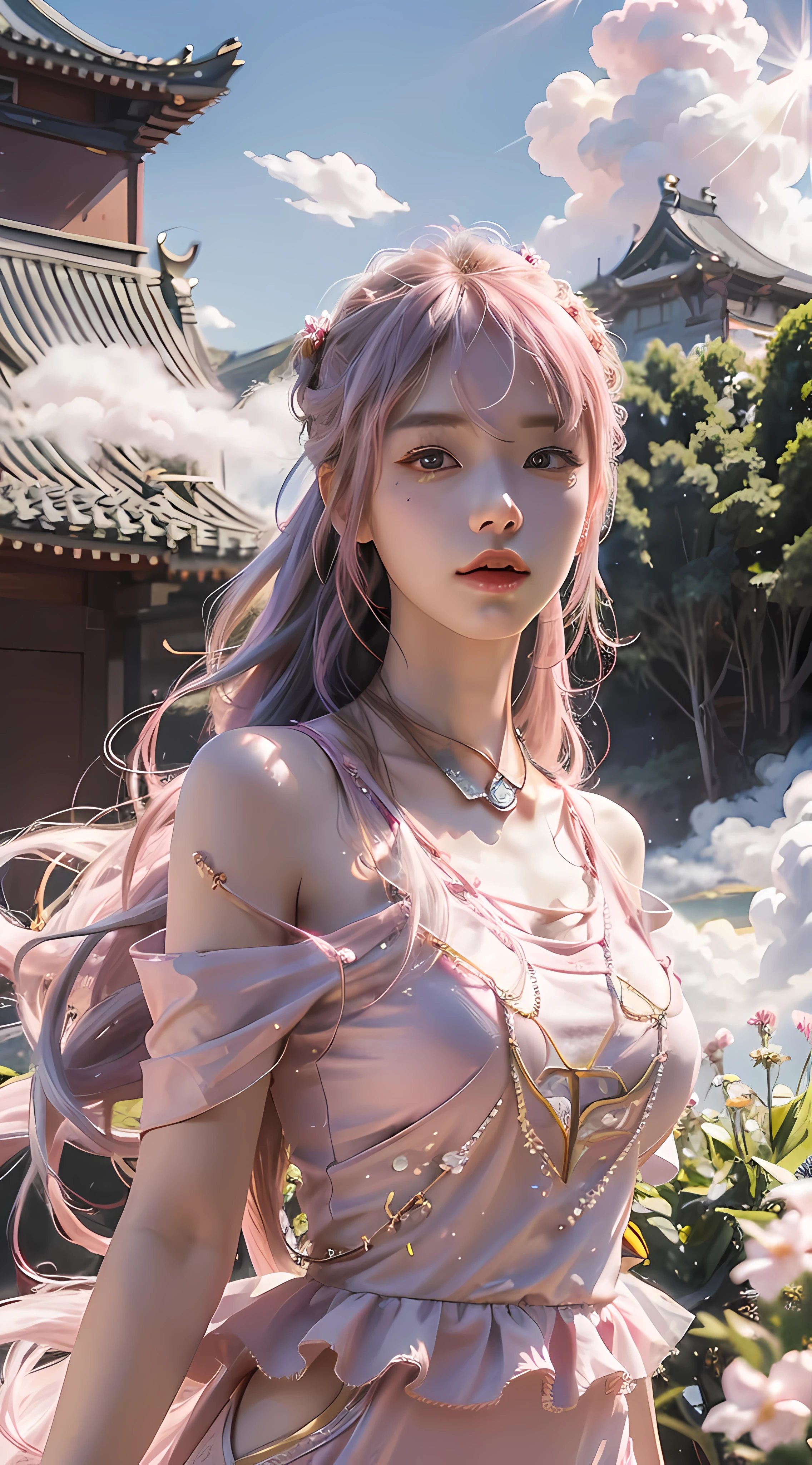 (RAW photo, best quality), (realistic, photo-realistic:1.3), best quality, highly detailed, masterpiece, ultra-detailed, illustration, 1girl, upper_body, dynamic angle, world mastery theater, messy_long_hair,best quality, extremely detailed CG unity 8k壁纸，ink，astounding，电影灯光，lens_flare，dunhuang_Style masterpiece，Best quality，Pink and white lace dress，Pink gray hair，exteriors，​​clouds，Kizi, huge tit，cleavage，Bare thighs，Innocent