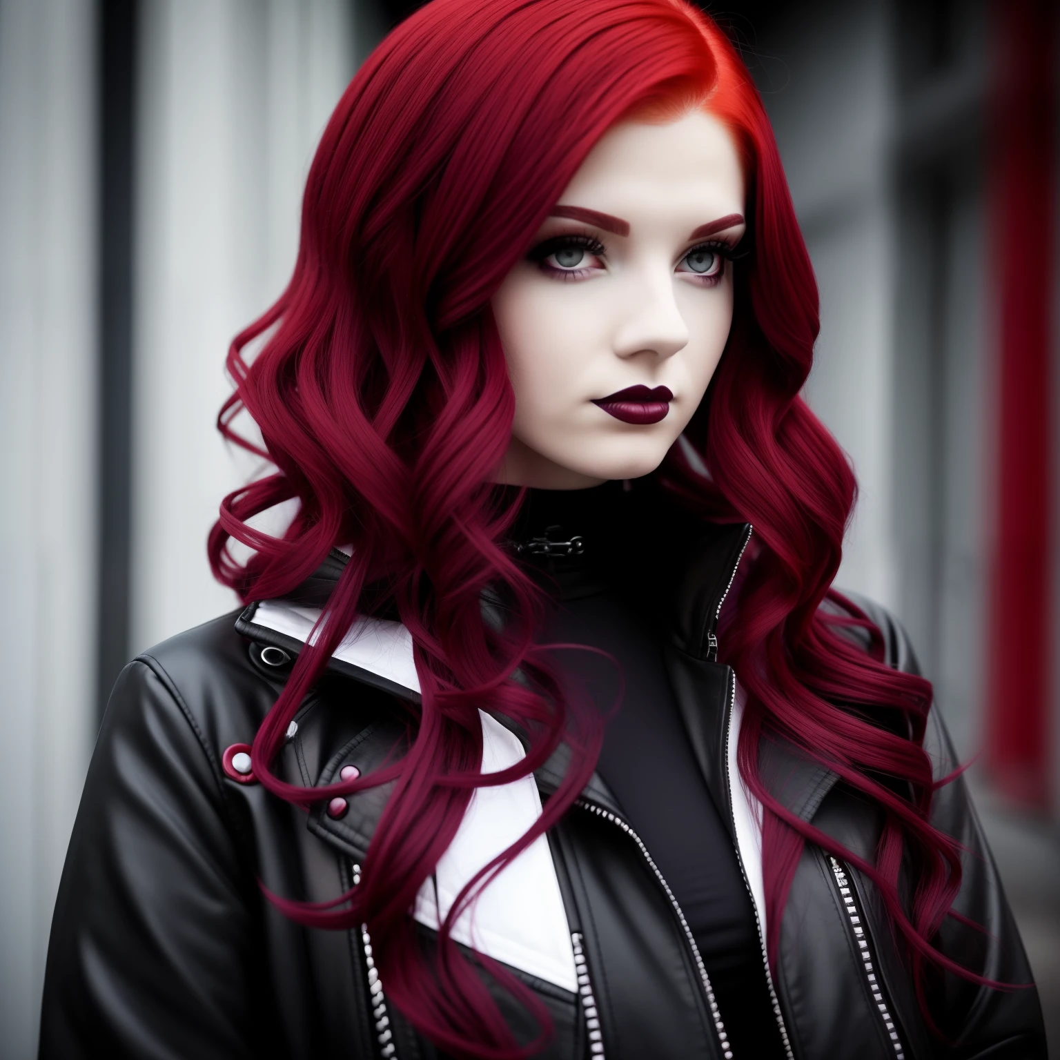 a close up of a person with a red hair and a white jacket, full body, dark purple hair and cybernetics, gothic girl, gothic girl, goth girl aesthetic, goth girl, gothic horror vibes, goth aesthetic, goth style, gothic clothing, gothic aesthetic, crimson hair, 1 7 - year - old goth girl, crimson red hair and red eyes