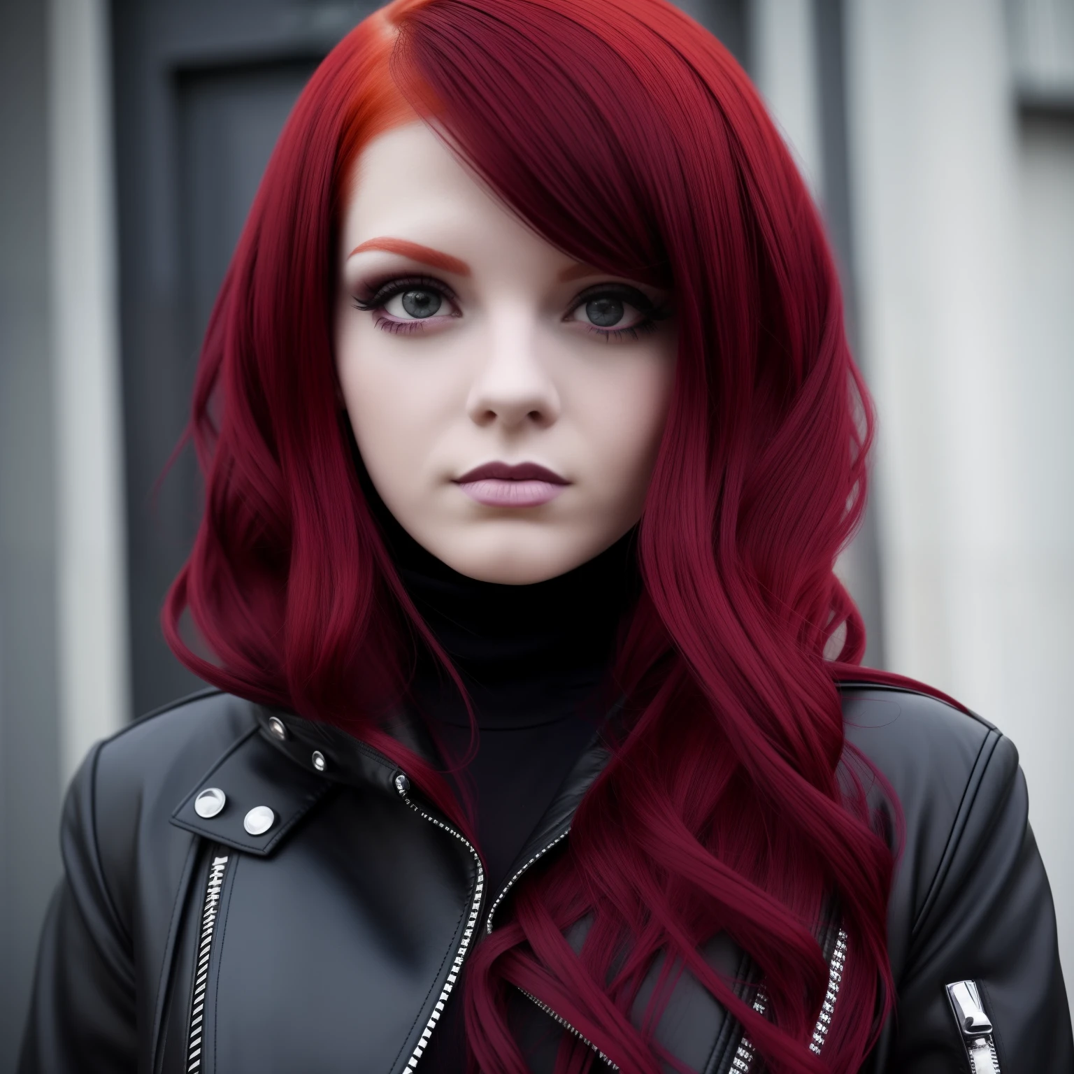 a close up of a person with a red hair and a white jacket, full body, dark purple hair and cybernetics, gothic girl, gothic girl, goth girl aesthetic, goth girl, gothic horror vibes, goth aesthetic, goth style, gothic clothing, gothic aesthetic, crimson hair, 1 7 - year - old goth girl, crimson red hair and red eyes