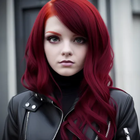 a close up of a person with a red hair and a white jacket, full body, dark purple hair and cybernetics, gothic girl, gothic girl...