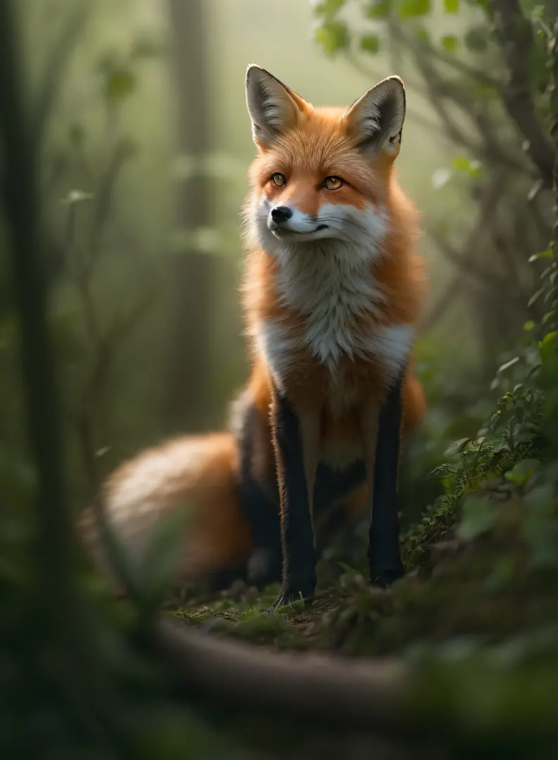 Photo of a child fox、the woods、Haze、Halation、florals、Dramatic atmosphere、central、thirds rule、200mm 1.4F Macro Shot、(natural skin...