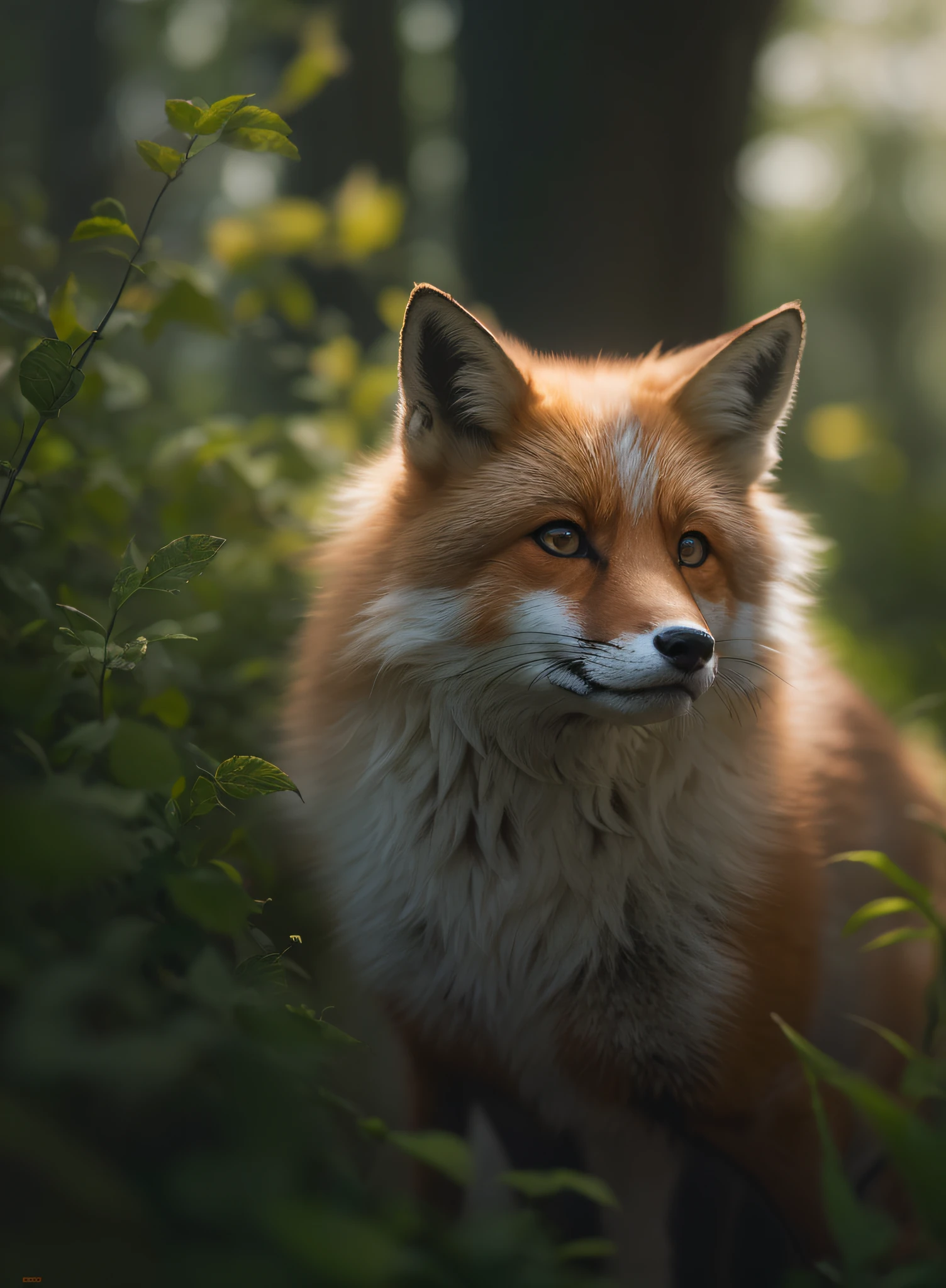 Fox  photo、the woods、Haze、Halation、florals、Dramatic atmosphere、central、thirds rule、200mm 1.4F Macro Shot、(natural skin textures、Hyper-Realism、Soft light、sharp:1.2)、(intricate-detail:1.12)、nffsw、(intricate-detail、ultra-detailliert:1.15)、Art by Greg Rutkowski and ArtGerm、Soft Cinematic Lights、adobe lightroom、Photolab、nffsw、Convoluted、ighly detailed、(depth of fields:1.4)